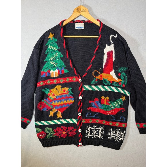 Lauren Rogers Collectibles Sweaters - VTG Lauren Rogers Christmas Cardigan Sweater Black Knit Holiday Sleigh Tree 90's